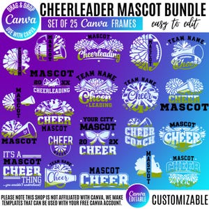 May include: A digital bundle of 25 cheerleader mascot graphic templates featuring purple and blue gradient backgrounds. The designs include various illustrations of megaphones, pom-poms, and bows with text elements like Cheer, Mascot, and Team Name.