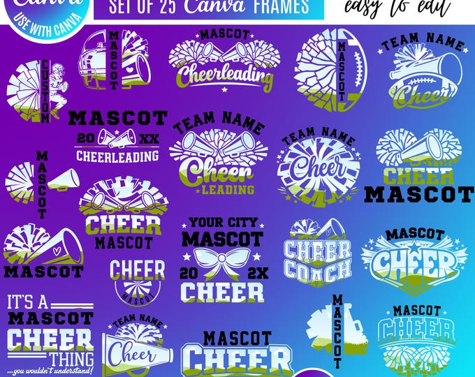 Cheerleader Canva Templates Bundle: Customizable Mascot Designs (Digital Download, Cheer Mascot designs, cheer team templates