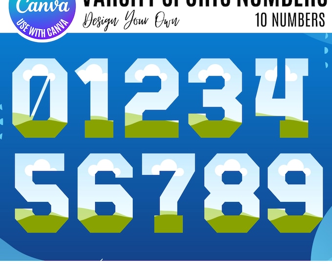 Varsity Sports Canva Frame Template, Fill your own canva numbers, Canva sports Alphabet, Canva Varsity Sports numbers, Canva Sports frames