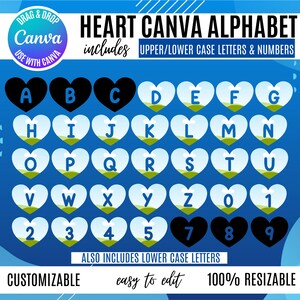 Könnte beinhalten: Digitales Design mit einem herzförmigen Alphabet, einschließlich Groß- und Kleinbuchstaben und Zahlen. Die Buchstaben und Zahlen werden in einem Raster mit blauem Hintergrund angezeigt. Das Design ist anpassbar und einfach zu bearbeiten.