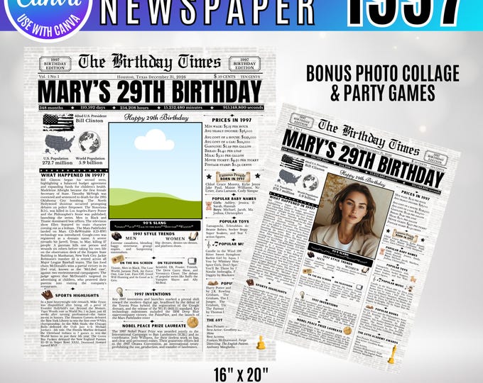 Editable Birthday Newspaper Template Canva, Custom Birth Year Facts Poster,  Canva Vintage Newspaper Birthday Sign, 1997 birthday gift decor