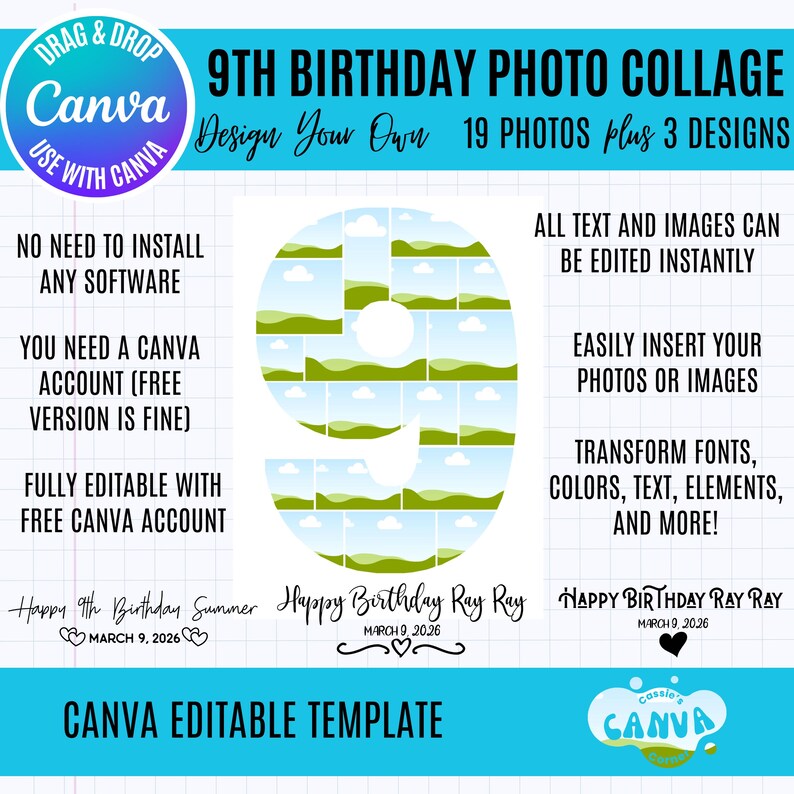 9th Birthday Photo Collage Template: 19 Photo Number 9, Editable Canva ...