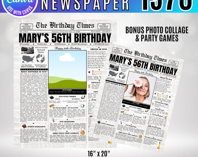 Editable Birthday Newspaper Template Canva, Custom Birth Year Facts Poster,  Canva Vintage Newspaper Birthday Sign, 1970 birthday gift decor