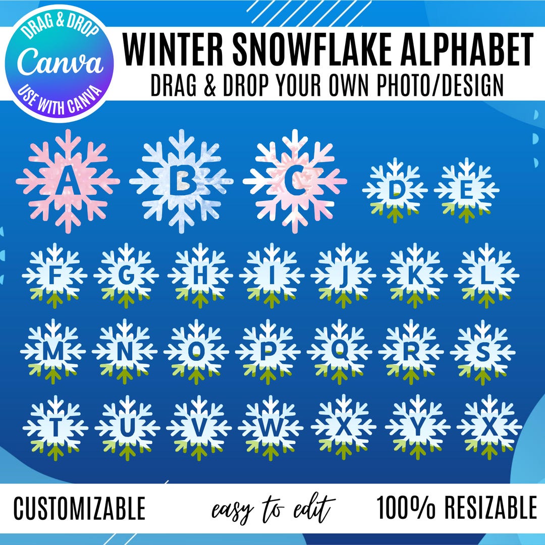 Snowflake Alphabet Canva Frames: Winter Christmas Monogram (digital ...