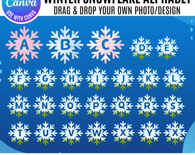 Winter Snowflake Alphabet bundle, Canva snowflake frames, Christmas Canva monogram, Fill your own snowflake letters, Christmas snowflake Can