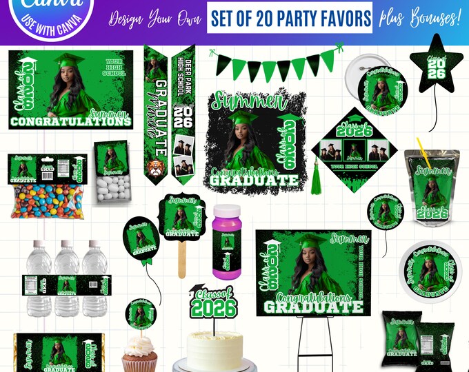 Graduation 2026 Canva Bundle Template, Editable Grad Party Decor Kit, Pre-Made Senior Designs, Canva graduation party favors bundle, digital