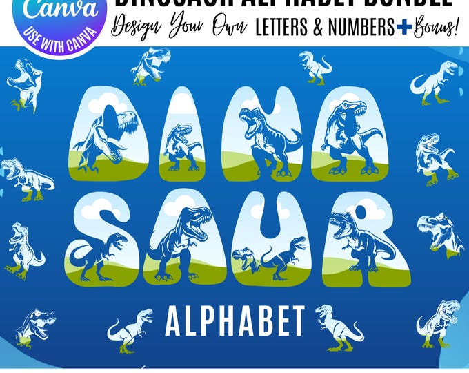 Dinosaur Alphabet Canva Bundle, Canva alphabet frame, Dinosaur letters, editable dinosaur decor, printable dinosaur designs, Canva Template