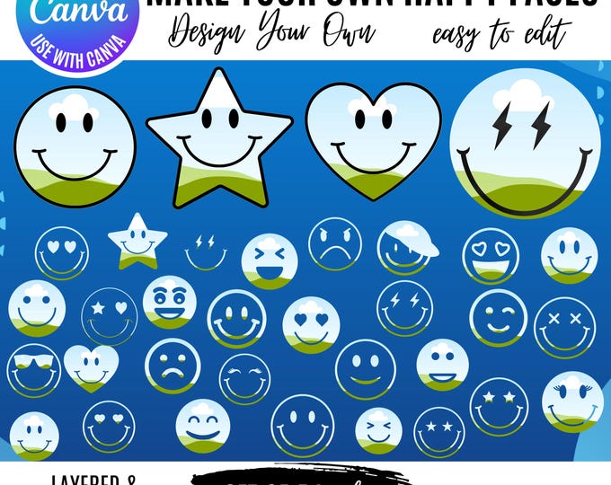 Cute Happy Face Canva Bundle, Customizable & Layered Smiley Face Designs, Canva Happy Face, smiley face clipart,   Drag and drop canva frame