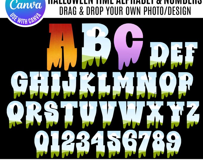 Halloween Alphabet Canva Bundle, Canva Spooky Alphabet, Canva Halloween numbers, Canva Halloween frames, Halloween Canva alphabet templates