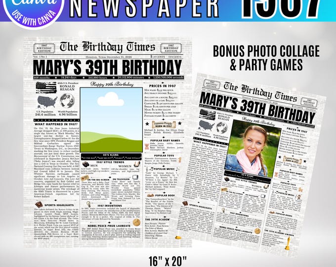 Editable Birthday Newspaper Template Canva, Custom Birth Year Facts Poster,  Canva Vintage Newspaper Birthday Sign, 1987 birthday gift decor