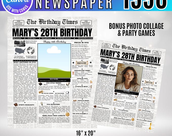 Editable Birthday Newspaper Template Canva, Custom Birth Year Facts Poster,  Canva Vintage Newspaper Birthday Sign, 1998 birthday gift decor