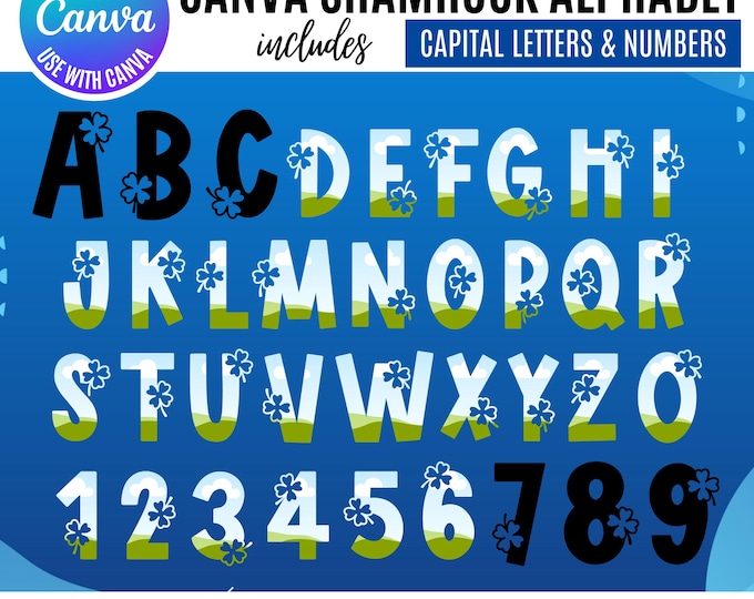 Shamrock Alphabet Letters & Numbers Canva Bundle, St Patrick’s Day Alphabet, Lucky Green Letters (Digital Download), Canva Clover alphabet