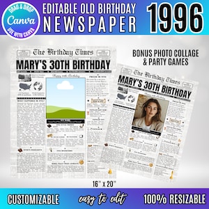 May include: Two customizable newspaper-style birthday party decorations. The headline reads "MARY'S 30TH BIRTHDAY" with the year "1996" prominently displayed. The design includes space for photos and text, with the dimensions of 16" x 20".