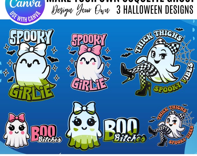 Canva Coquette Halloween Ghost Bundle, Coquette Canva, Canva Halloween Ghosts, cute Layerable Ghost Designs, editable Halloween Canva frames
