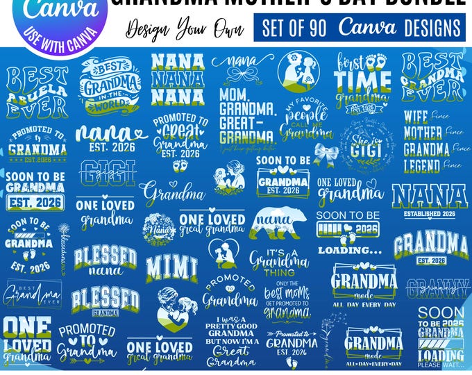 Grandma Canva Bundle, Promoted to Grandma 2026, Nana Mimi Gigi Designs, Editable Grandma Templates: Canva Templates (Digital Download)