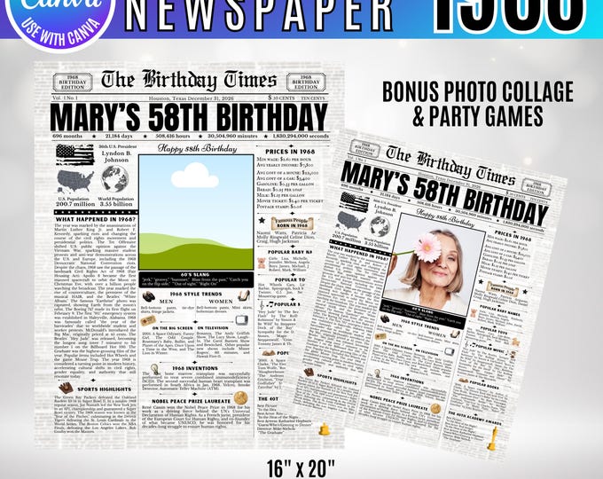 Editable Birthday Newspaper Template Canva, Custom Birth Year Facts Poster,  Canva Vintage Newspaper Birthday Sign, 1968birthday gift decor