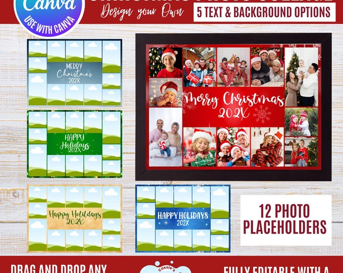 Christmas Photo Collage Canva Template, Holiday Card Frame (Digital Download)
