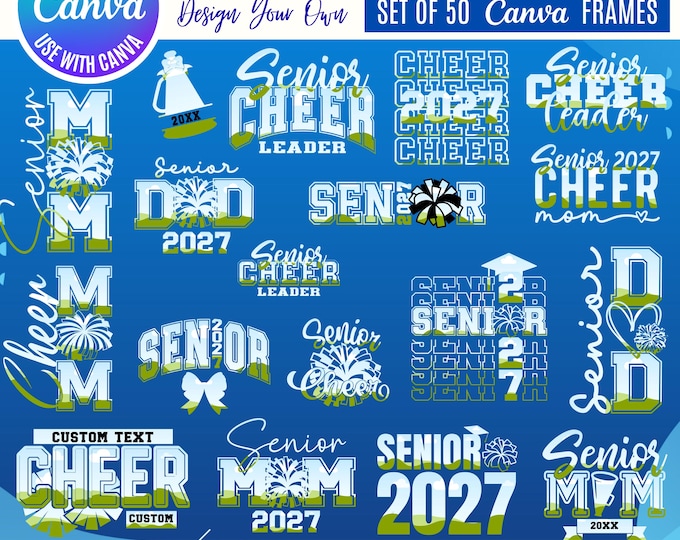 2027 Senior Cheerleader Canva Templates: Customizable Cheer Designs (Digital Download), Canva cheerleading design bundle, 2027 Canva cheer