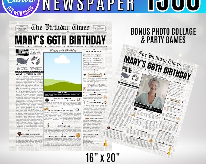 Editable Birthday Newspaper Template Canva, Custom Birth Year Facts Poster,  Canva Vintage Newspaper Birthday Sign, 1960 birthday gift decor