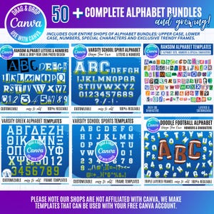 Pu&ograve; includere: Una collezione digitale di oltre 50 bundle alfabetici completi per Canva, con stili ransom, varsity, greco, sportivo e doodle football. Include maiuscole, minuscole, numeri, caratteri speciali e cornici per progetti di design personalizzabili.