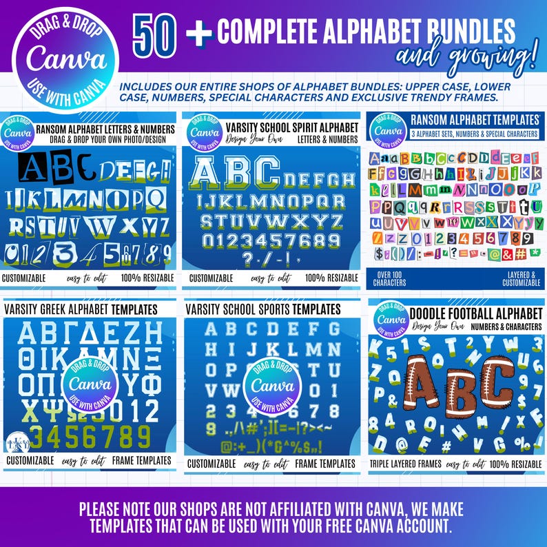 Pu&ograve; includere: Una collezione digitale di oltre 50 bundle alfabetici completi per Canva, con stili ransom, varsity, greco, sportivo e doodle football. Include maiuscole, minuscole, numeri, caratteri speciali e cornici per progetti di design personalizzabili.