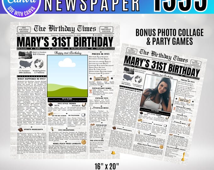 Editable Birthday Newspaper Template Canva, Custom Birth Year Facts Poster,  Canva Vintage Newspaper Birthday Sign, 1995 birthday gift decor