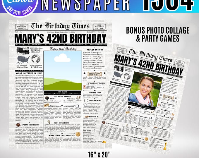 Editable Birthday Newspaper Template Canva, Custom Birth Year Facts Poster,  Canva Vintage Newspaper Birthday Sign, 1984 birthday gift decor
