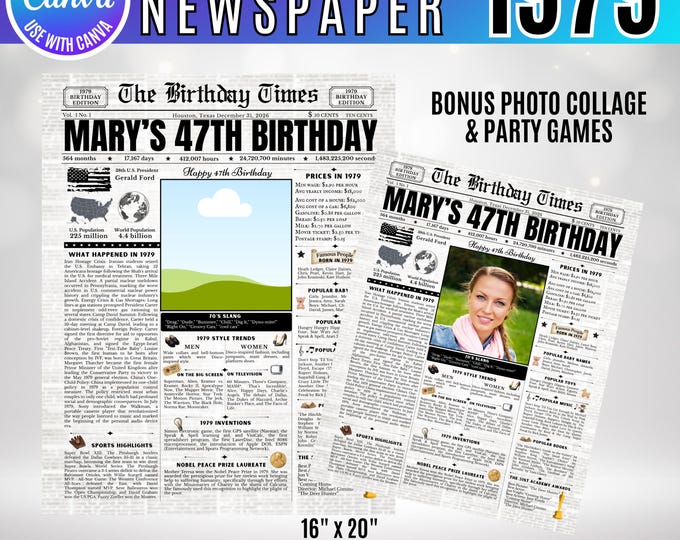 Editable Birthday Newspaper Template Canva, Custom Birth Year Facts Poster,  Canva Vintage Newspaper Birthday Sign, 1979 birthday gift decor