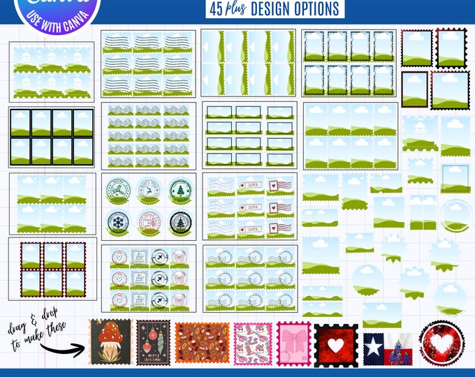 Canva Frames & Stamps Bundle, Canva Junk Journal Stamps, Junk Journaling, Vintage Scrapbook Clipart, Digital Collage, Canva Postage stamp