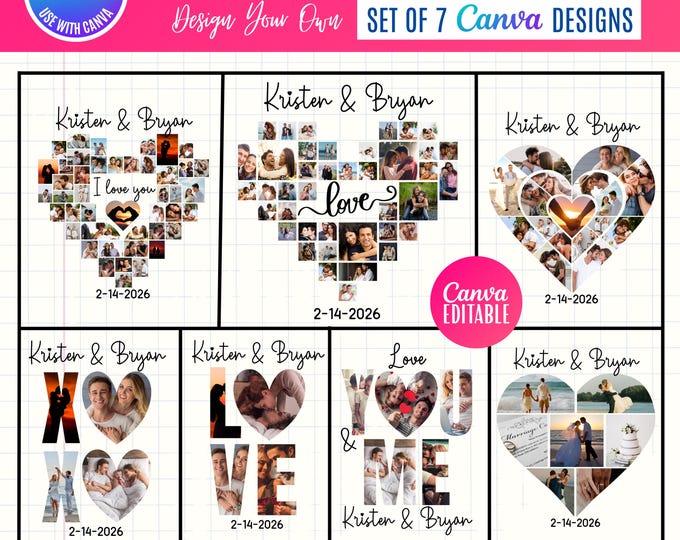 Heart Photo Collage Canva Template, Valentine's Day Gift (Digital Download