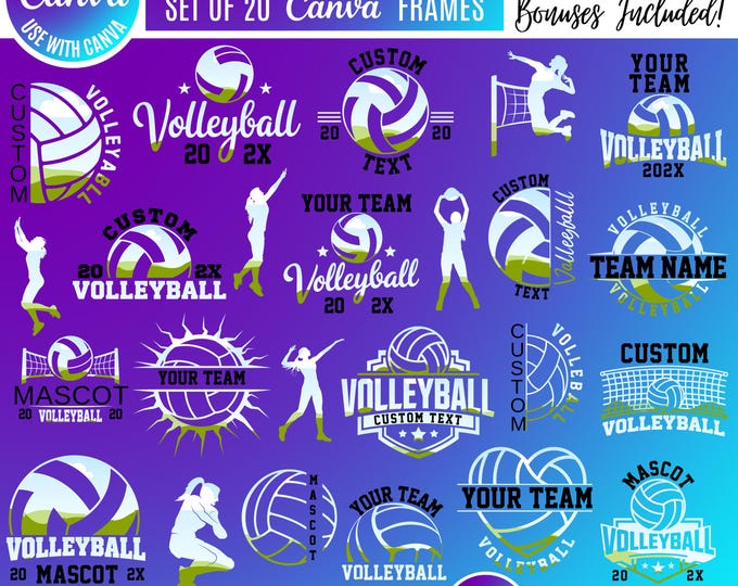 Volleyball Canva Templates Bundle: Game Day Designs (Digital Download, Canva volleyball team designs, Volleyball mascot templates