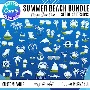 Puede incluir: Un conjunto de 45 diseños de verano con temática de playa, que incluyen veleros, gafas de sol, palmeras y tumbonas, sobre un fondo degradado azul. El texto incluye "Summer Beach Bundle", "Design Your Own" y "Customizable".