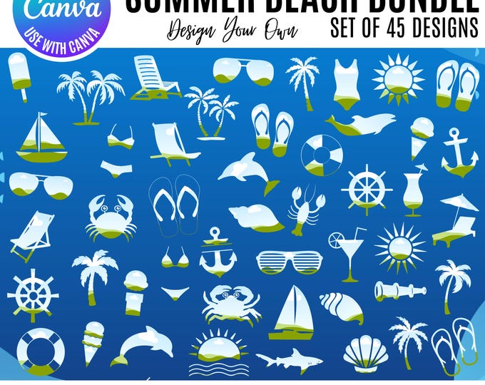 Summer Canva Bundle, Canva Beach templates, Editable Canva Templates, Retro Summer Graphics, Digital Download, Summer clipart, beach clipart
