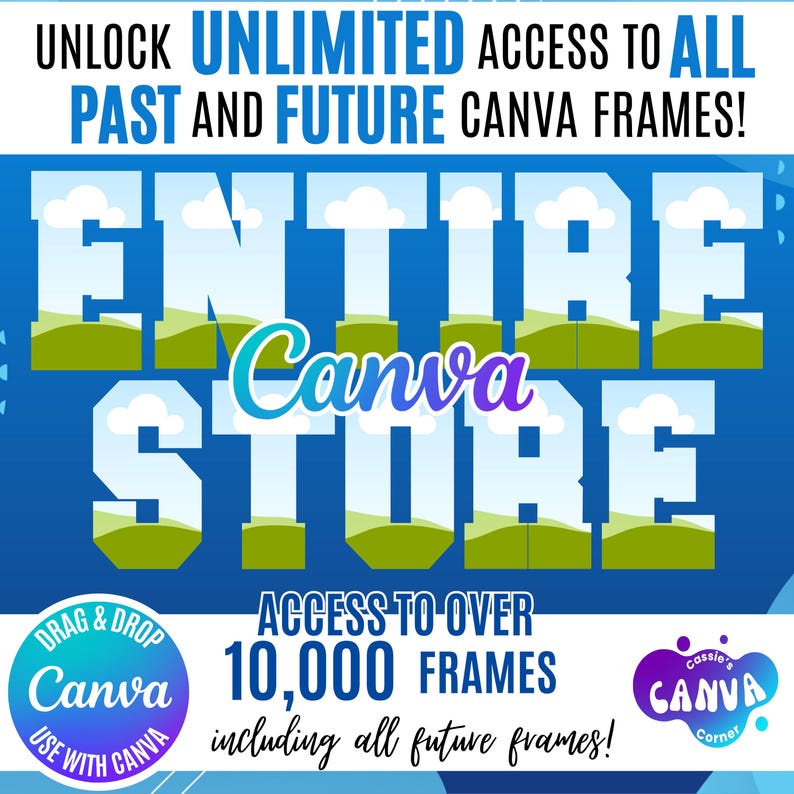 Puede incluir: Gr&aacute;fico azul con el texto "UNLOCK UNLIMITED ACCESS TO ALL PAST AND FUTURE CANVA FRAMES!" y "ENTIRE Canva STORE". Incluye un logotipo circular que dice "DRAG & DROP Canva USE WITH CANVA". Tambi&eacute;n incluye el texto "ACCESS TO OVER 10,000 FRAMES including all future frames!"