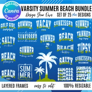 Op de afbeelding: Een digitale designbundel met een varsity zomerstrandthema. De afbeelding bevat verschillende tekstontwerpen in blauw en groen, waaronder zinnen als "Summer Vibes", "Beach" en "Sunkissed". Het ontwerp is eenvoudig te bewerken en 100% schaalbaar.