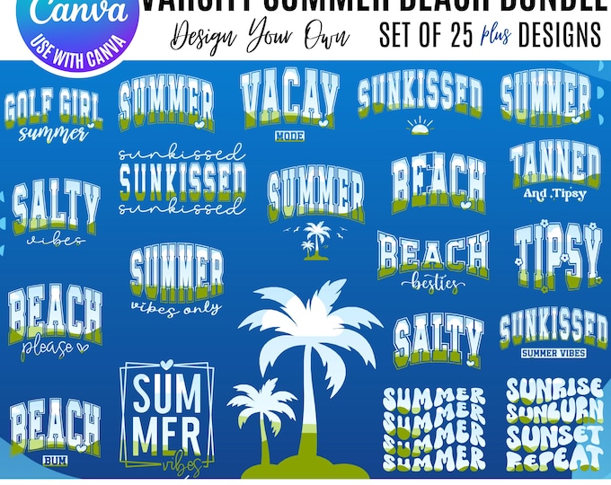 Summer Canva Bundle, Varsity Letters Canva, Canva Beach templates, Editable Canva Templates, Retro Summer  Graphics, Digital Download, clip