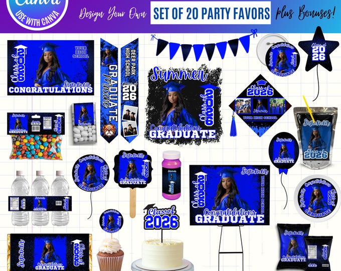Graduation 2026 Canva Bundle Template, Editable Grad Party Decor Kit, Pre-Made Senior Designs, Canva graduation party favors bundle, digital