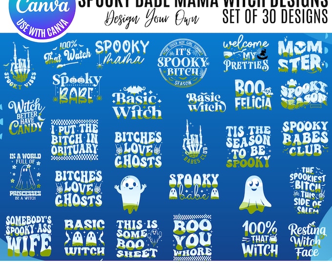 Halloween Canva Bundle, Spooky Babe Designs, Halloween Witch Designs, Canva Editable Templates, Canva Halloween bundle, Canva witch frames