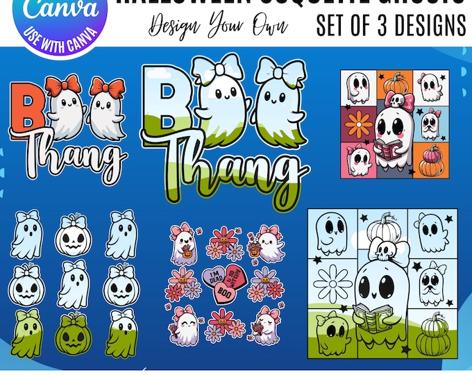 Canva Coquette Halloween Ghost Bundle, Coquette Canva, Canva Halloween Ghosts, cute Layerable Ghost Designs, editable Halloween Canva frames