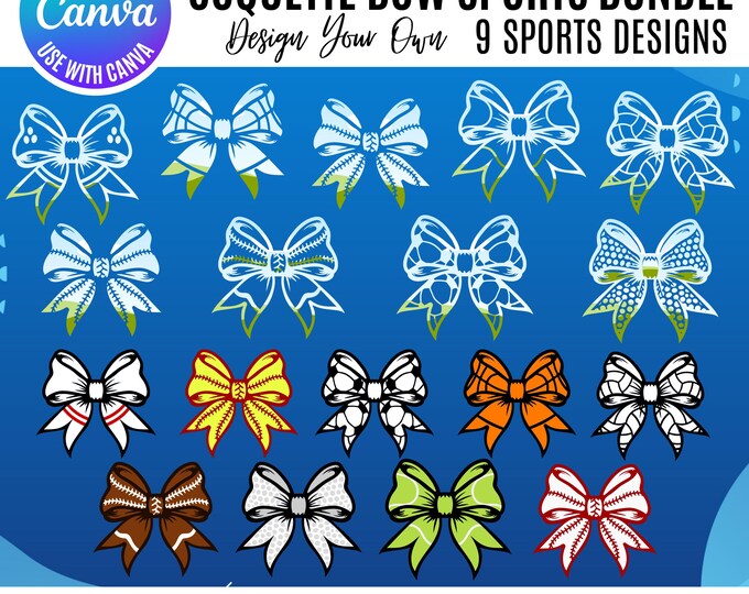 Canva Coquette Sports frames, Canva Sports Template, Retro Sports bows, Drag & Drop Sports Frames, Editable Canva Templates for 9 Sports,