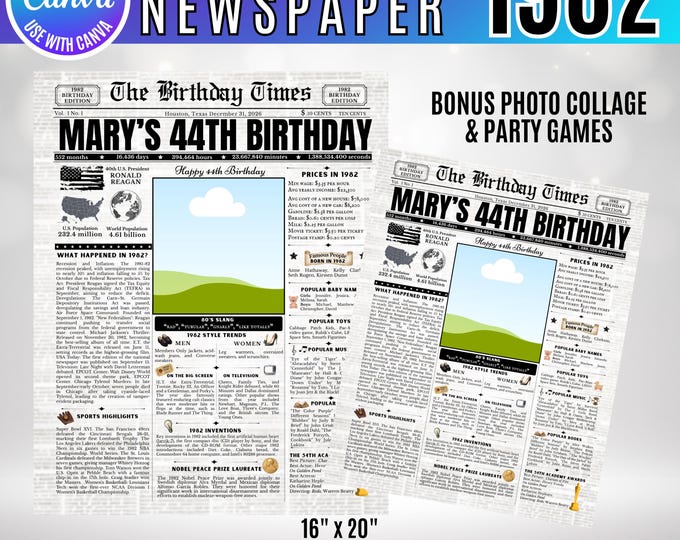Editable Birthday Newspaper Template Canva, Custom Birth Year Facts Poster,  Canva Vintage Newspaper Birthday Sign, 1982 birthday gift decor