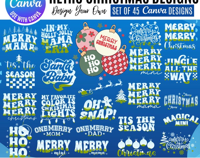 Retro Christmas Canva Bundle, Vintage Holiday Designs, Canva Retro Christmas template, Christmas Canva templates, retro holiday canva frames