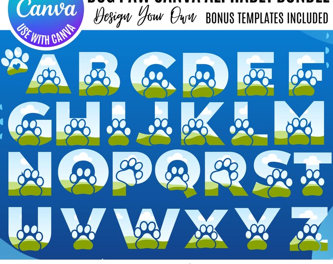 Dog Alphabet Canva Templates, Dog Paw Varsity Alphabet Canva Frame, Drag & Drop Templates, Canva Alphabet Letters,  Editable Canva Frame