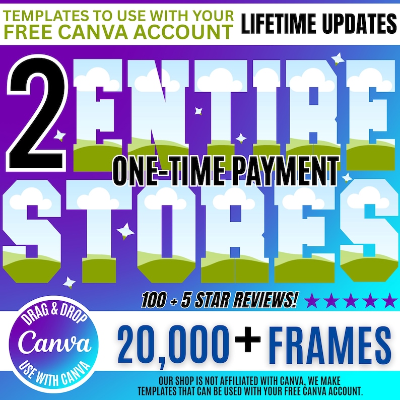 Pu&ograve; includere: Un annuncio grafico digitale con il testo 2 ENTIRE STORES, ONE-TIME PAYMENT, 100 + 5 STAR REVIEWS e 20,000 + FRAMES. Lo sfondo presenta una sfumatura blu e viola con un motivo paesaggistico all'interno delle grandi lettere bianche.