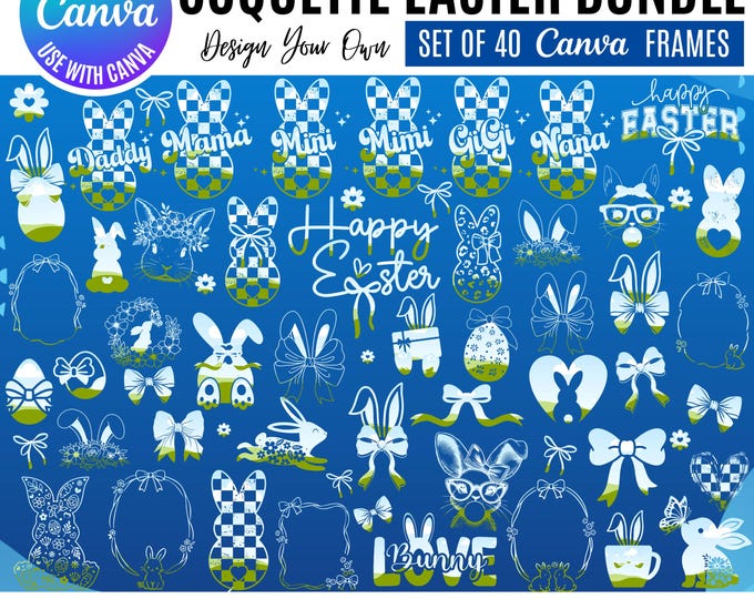 Coquette Easter Canva Bundle, Retro Checkerboard Bunny Designs, Canva Easter Bunny frames, Mama Daddy Mini Mimi Gigi Easter Editable Canva