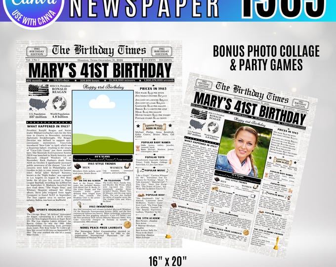 Editable Birthday Newspaper Template Canva, Custom Birth Year Facts Poster,  Canva Vintage Newspaper Birthday Sign, 1985 birthday gift decor