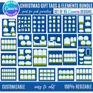 May include: A collection of 95 customizable Christmas gift tag designs and elements, arranged on a blue background. The tags come in various shapes, including rectangles, circles, and hearts, with a green and white color scheme. Text on the image reads "Christmas Gift Tags & Elements Bundle" and "Customizable".