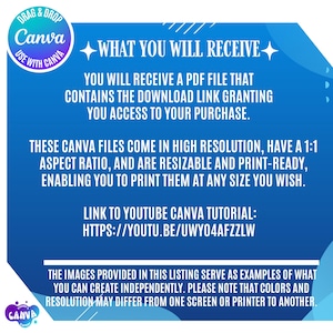 Puede incluir: Gr&aacute;fico azul y blanco con texto que dice "QU&Eacute; RECIBIR&Aacute;S". El texto describe un archivo PDF con un enlace de descarga, archivos Canva de alta resoluci&oacute;n y un enlace a un tutorial de YouTube. El logotipo de Canva es visible.