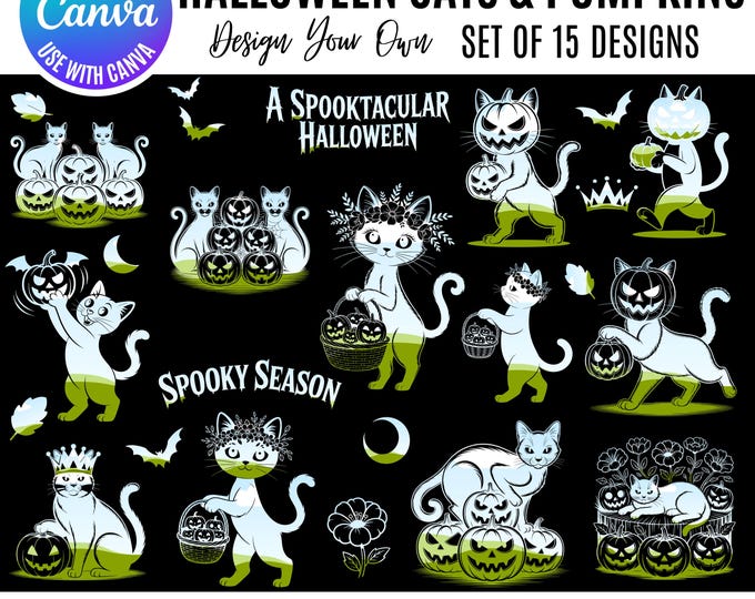 Halloween cat Canva Bundle, Canva Halloween Spooky cat, Spooky cat designs, Canva Editable Templates, Canva Halloween frame, Canva pumpkins