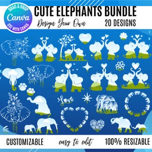 Canva Elephant Templates, Cute Nursery Elephants Canva Frame, Drag & Drop Template, Elephant design templates, cute elephants in love